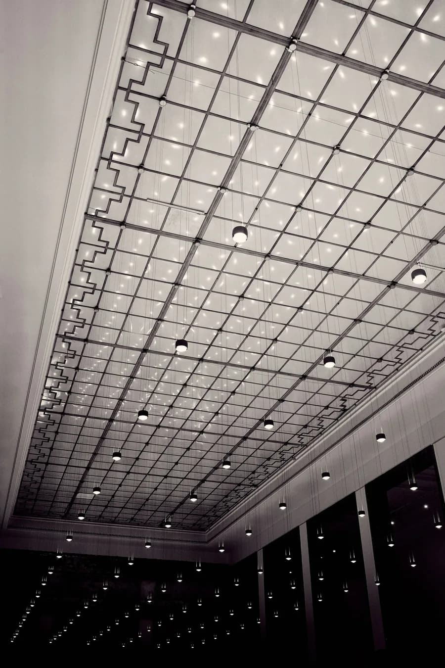 Suspended ceiling grid seen from below
