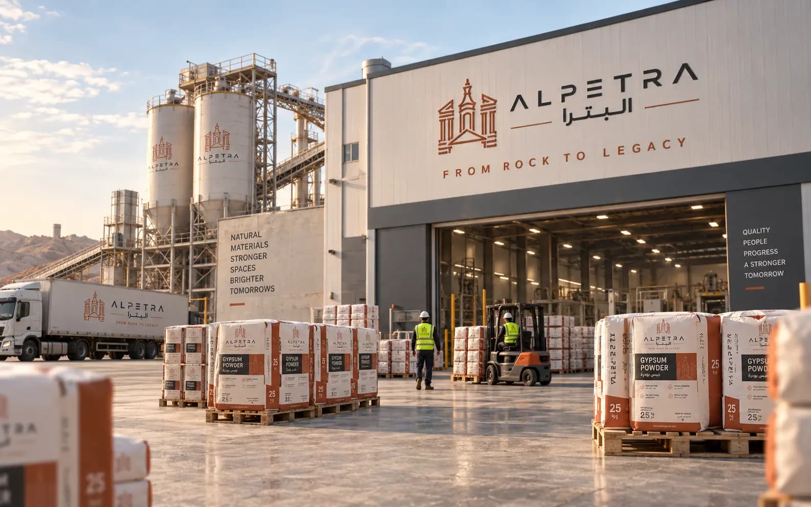 The Al Petra plant: silos, loading bay and pallets of 25 kg gypsum powder bags